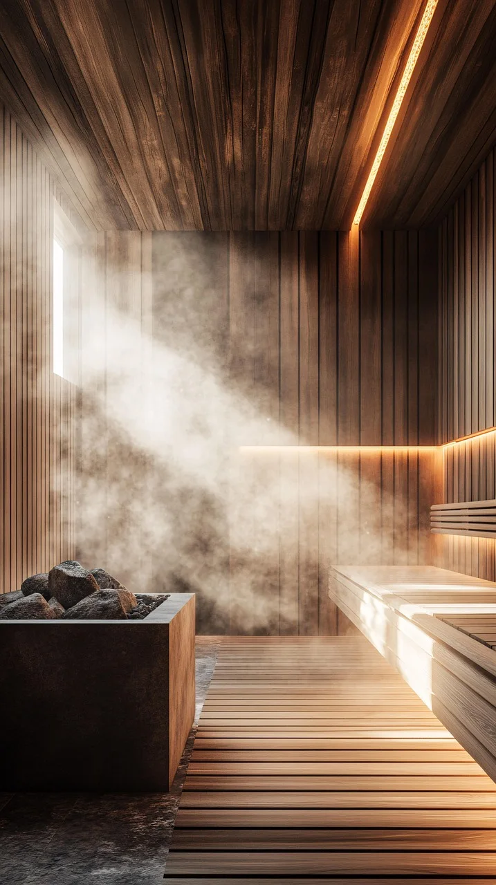 Vapor subiendo sobre las piedras calientes de un sauna de madera